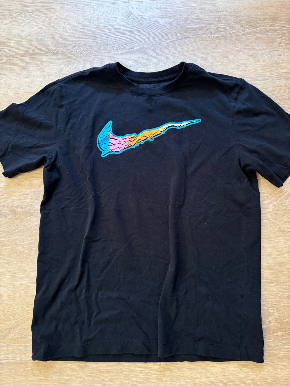 Nike Dri-Fit Black Short-Sleeved Men’s Tee Size Medium with Colorful Swoosh